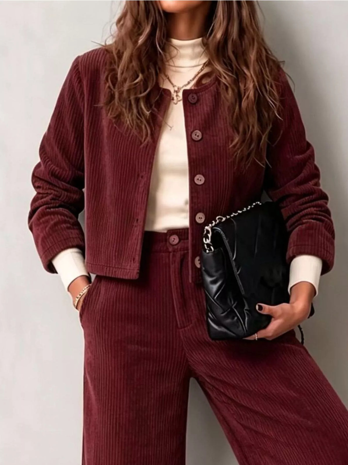 Full Size Corduroy Button-Down Jacket and Wide-Leg Pants Two-Piece Set Plus Size - Burgundy - View 11