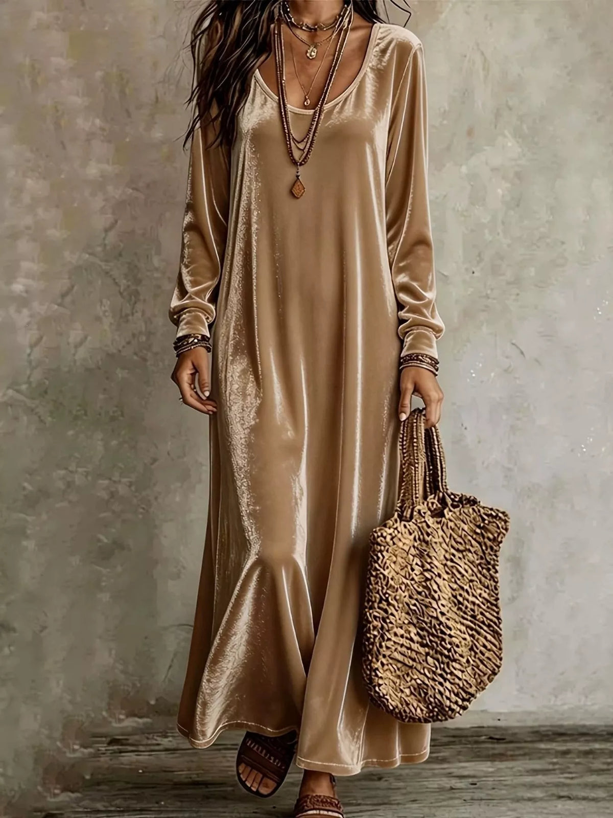 Velvet Long-Sleeve Maxi Dress - Khaki - View 16