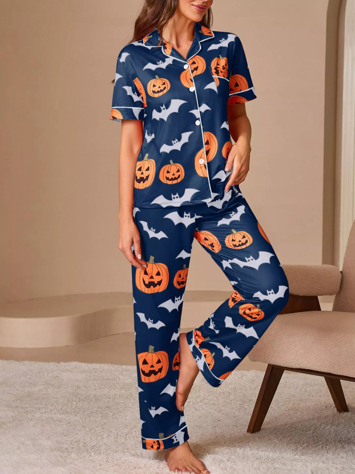 Halloween Pumpkin and Bat Print Button-Down Top and Pants Lounge Set - Navy Blue - View 3