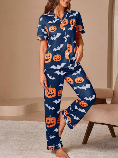 Halloween Pumpkin and Bat Print Button-Down Top and Pants Lounge Set - Navy Blue - View 3