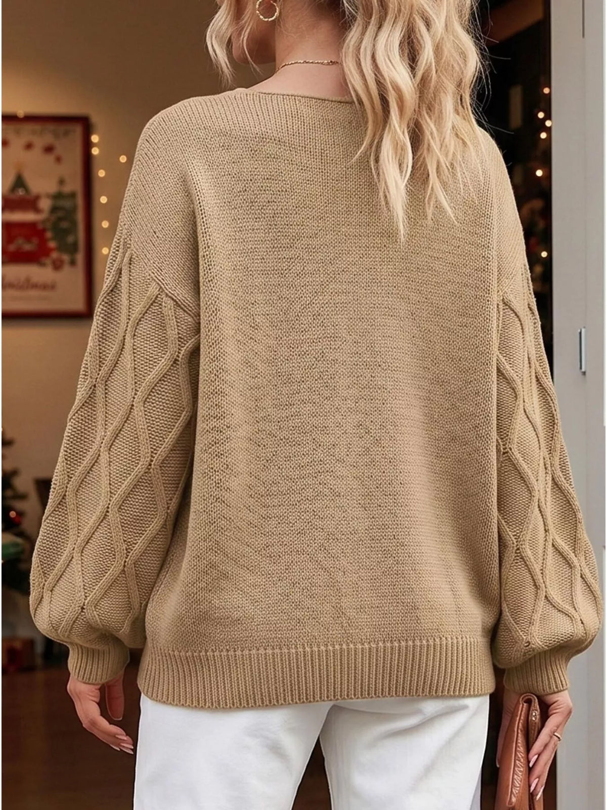 Snowflake Textured V-Neck Sweater - Khaki - View 3