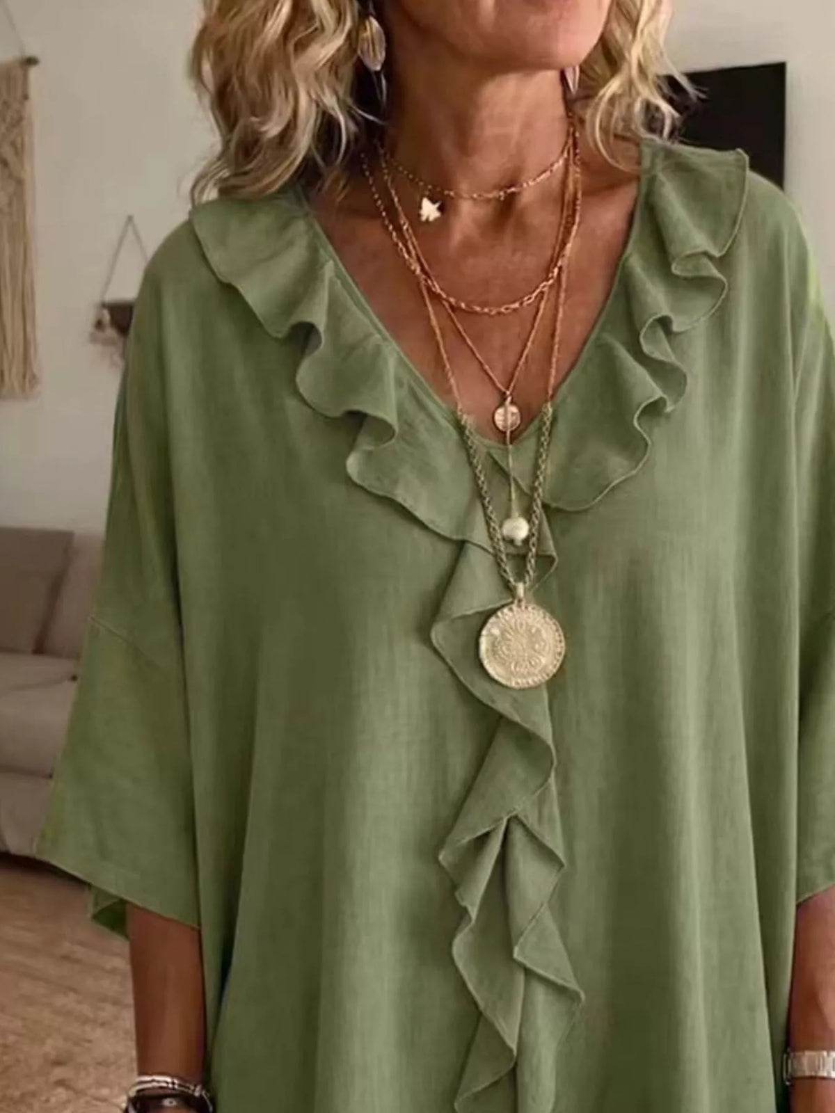 Full Size Ruffle V-Neck 3/4 Sleeve Blouse Plus Size - Green - View 4