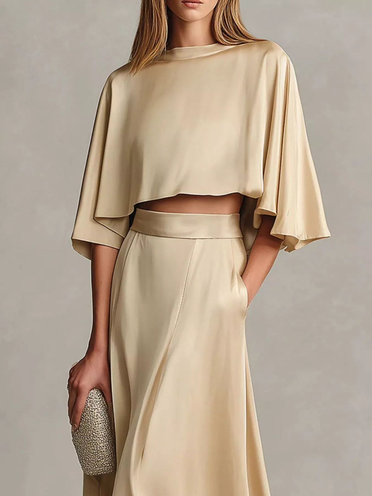 Full Size Satin Crop Top and Maxi Skirt Two-Piece Set Plus Size - Champagne Color - View 2