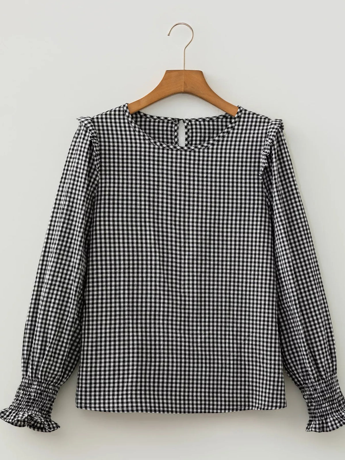 Plaid Shirred Cuff Long Sleeve Round Neck Blouse - Black - View 6