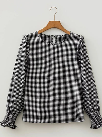Plaid Shirred Cuff Long Sleeve Round Neck Blouse - Black - View 6