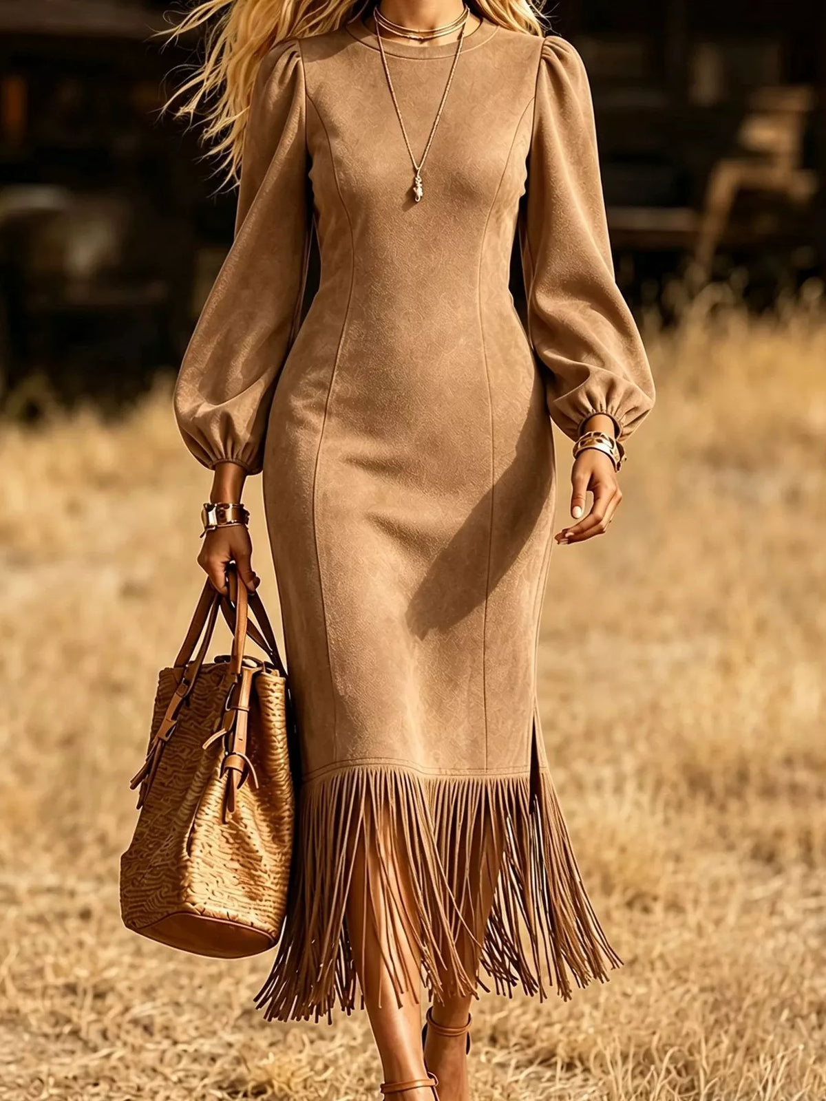 Fringe Balloon Sleeve Midi Dress - Camel - View 1