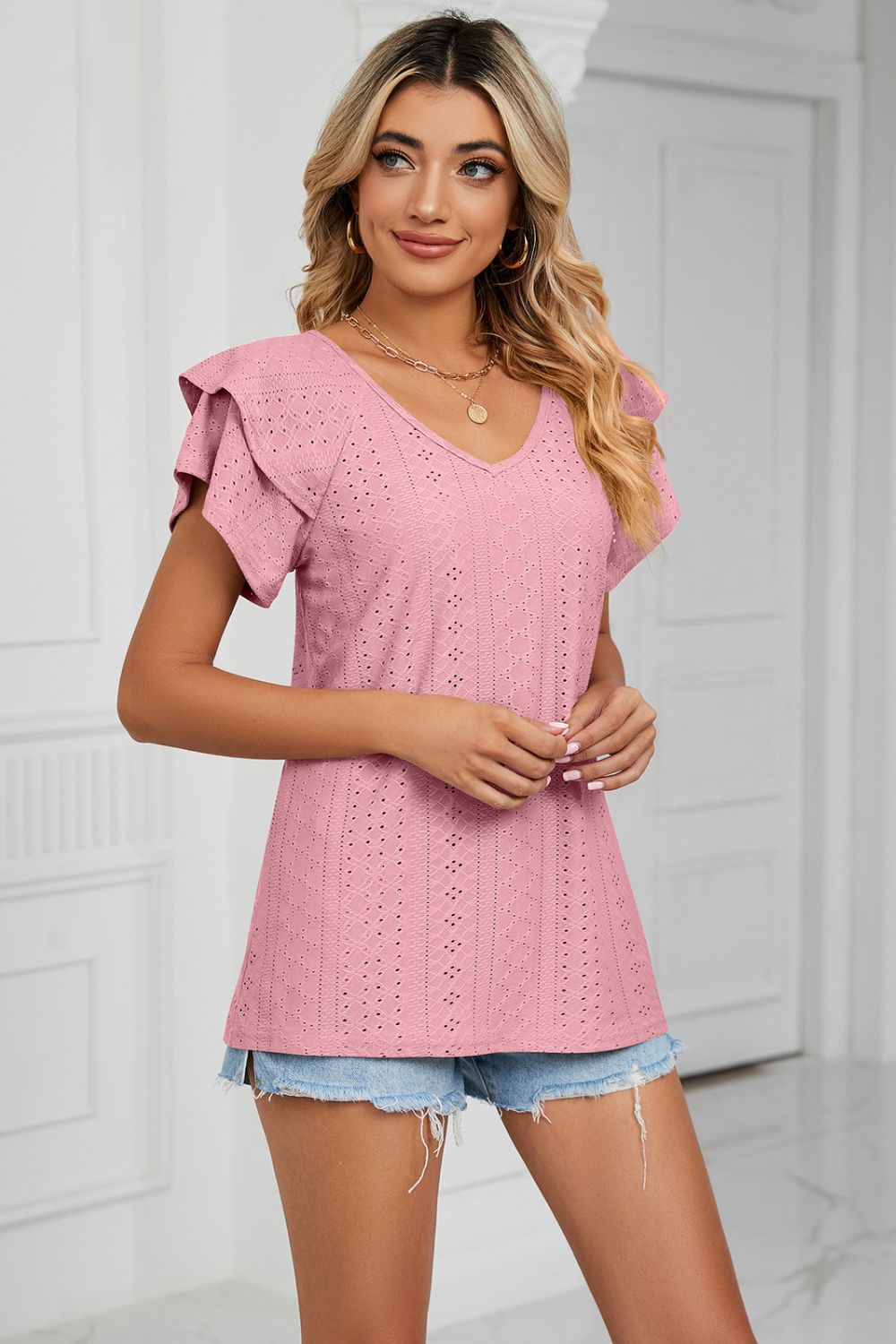 Eyelet Layered Flutter Sleeve V-Neck Knit Top - Blush Pink - View 17