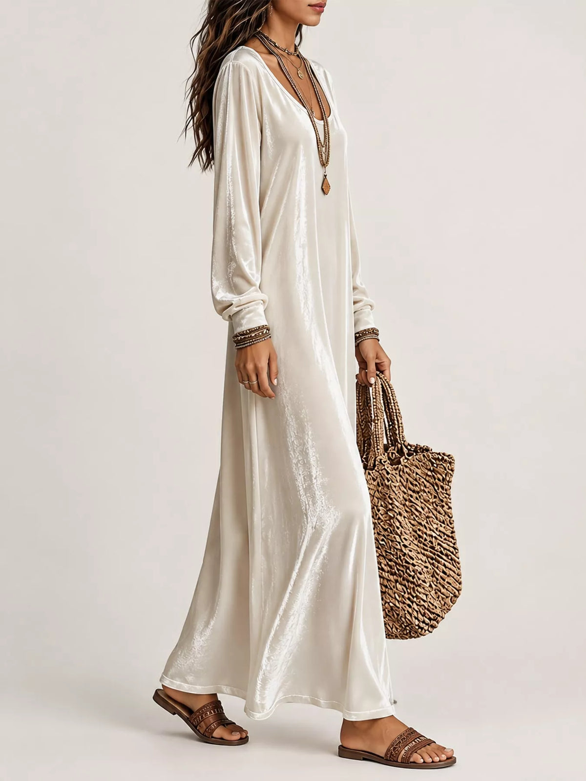 Velvet Long-Sleeve Maxi Dress - Apricot - View 22
