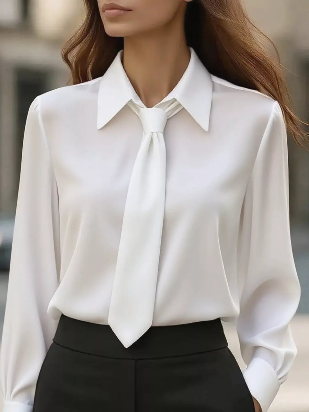 Collared Neck Long Sleeve Blouse - White - View 1