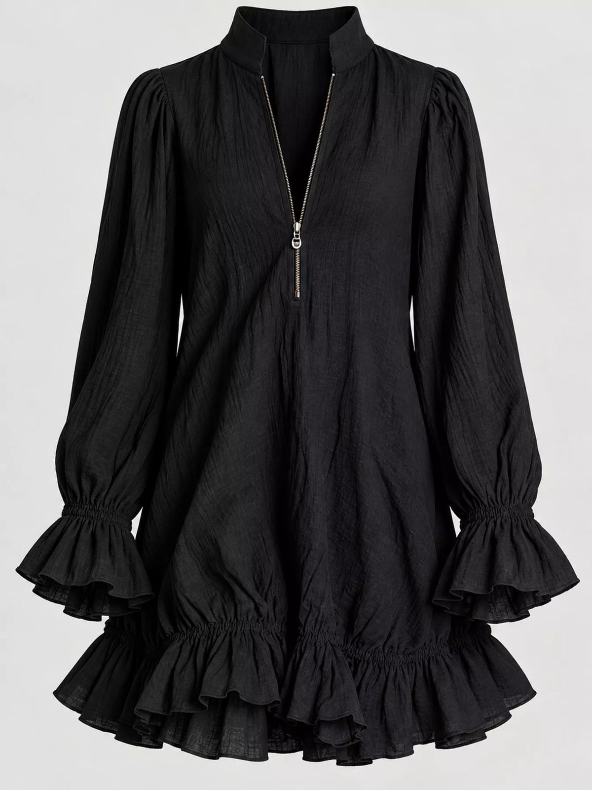 Zipper-Front Ruffle Hem Mini Dress - Black - View 5