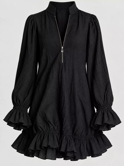 Zipper-Front Ruffle Hem Mini Dress - Black - View 5