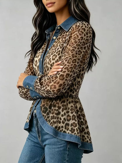 Denim Contrast Trim Leopard Shirt - Leopard - View 2