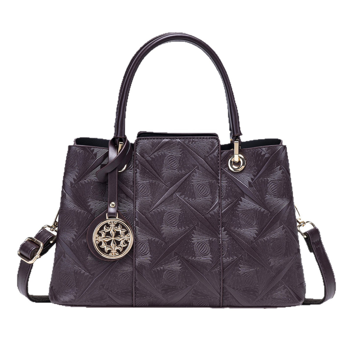 Embossed Pattern Leather Top Handle Handbag - Olive Brown - View 5