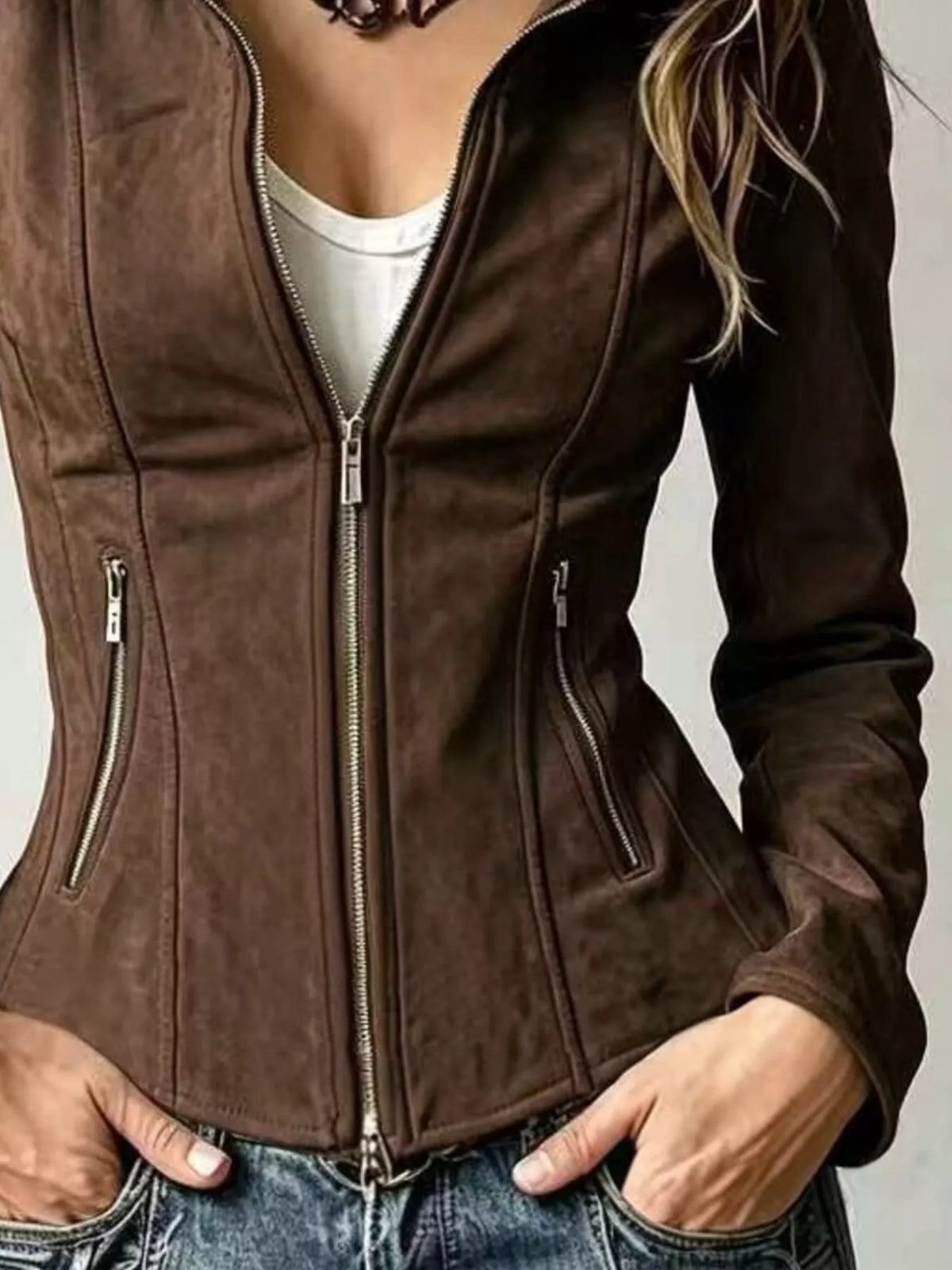 Slim-Fit Zip-Up Jacket - Coffee Brown - View 3
