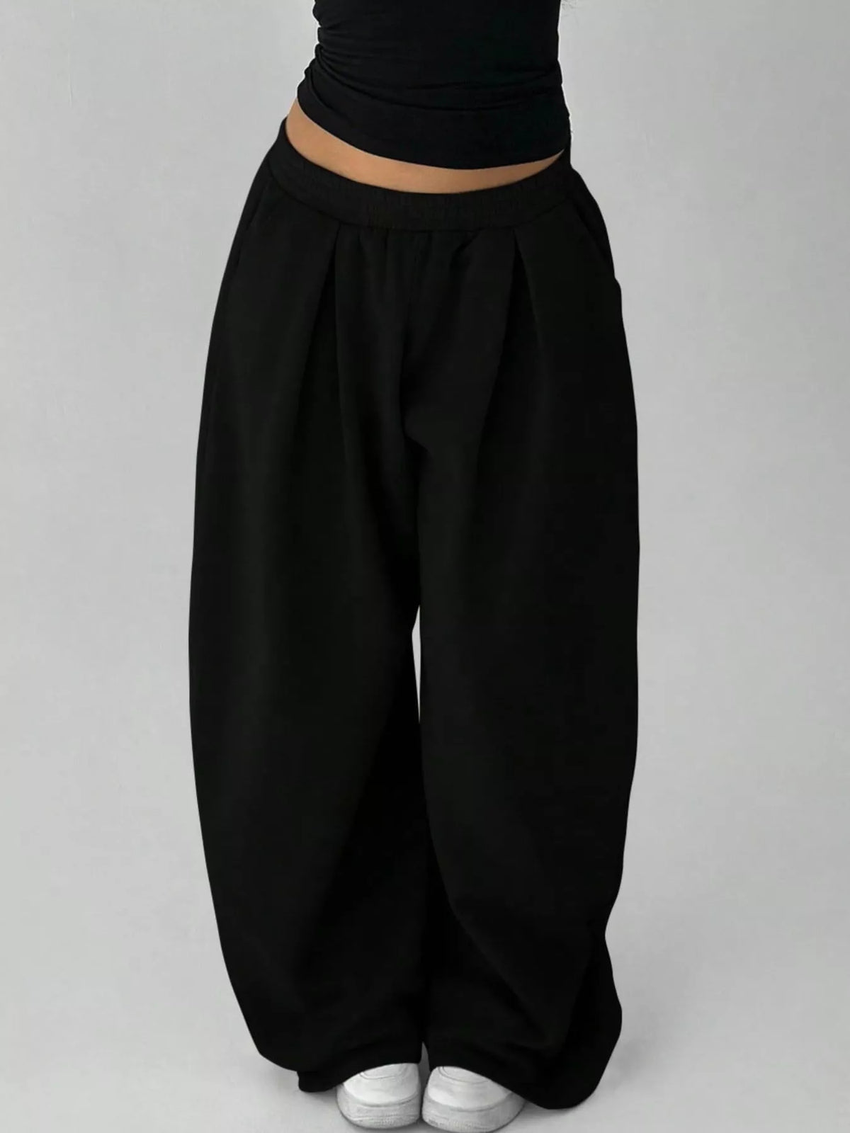 Elastic Waist Wide-Leg Sweatpants - Black - View 3