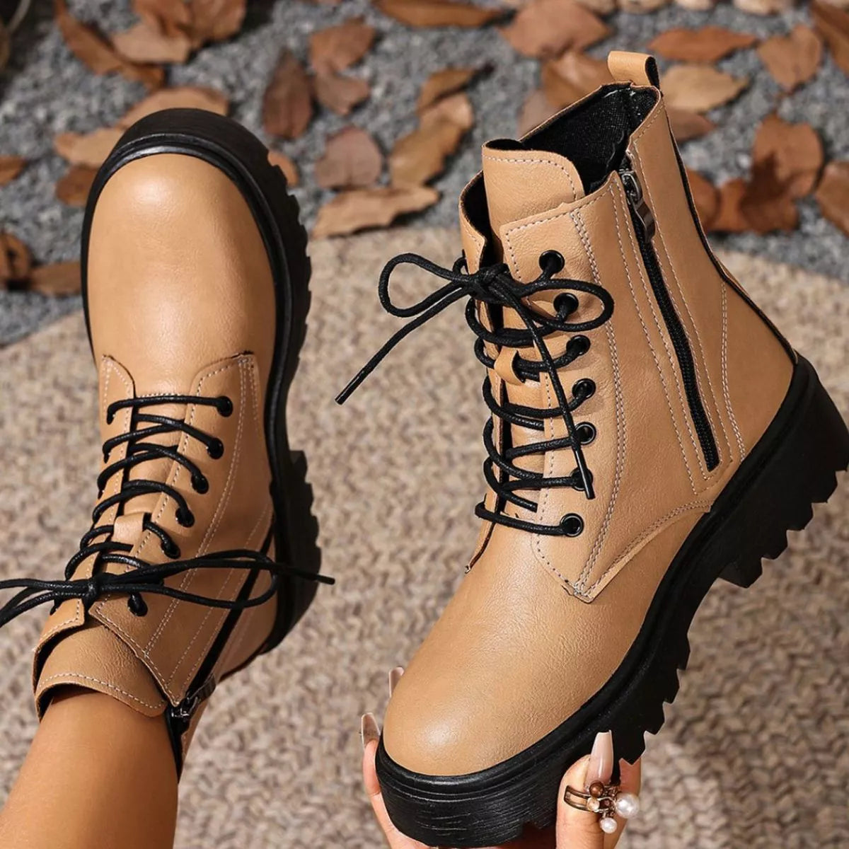 Round Toe Block Heels Boots - Khaki - View 15