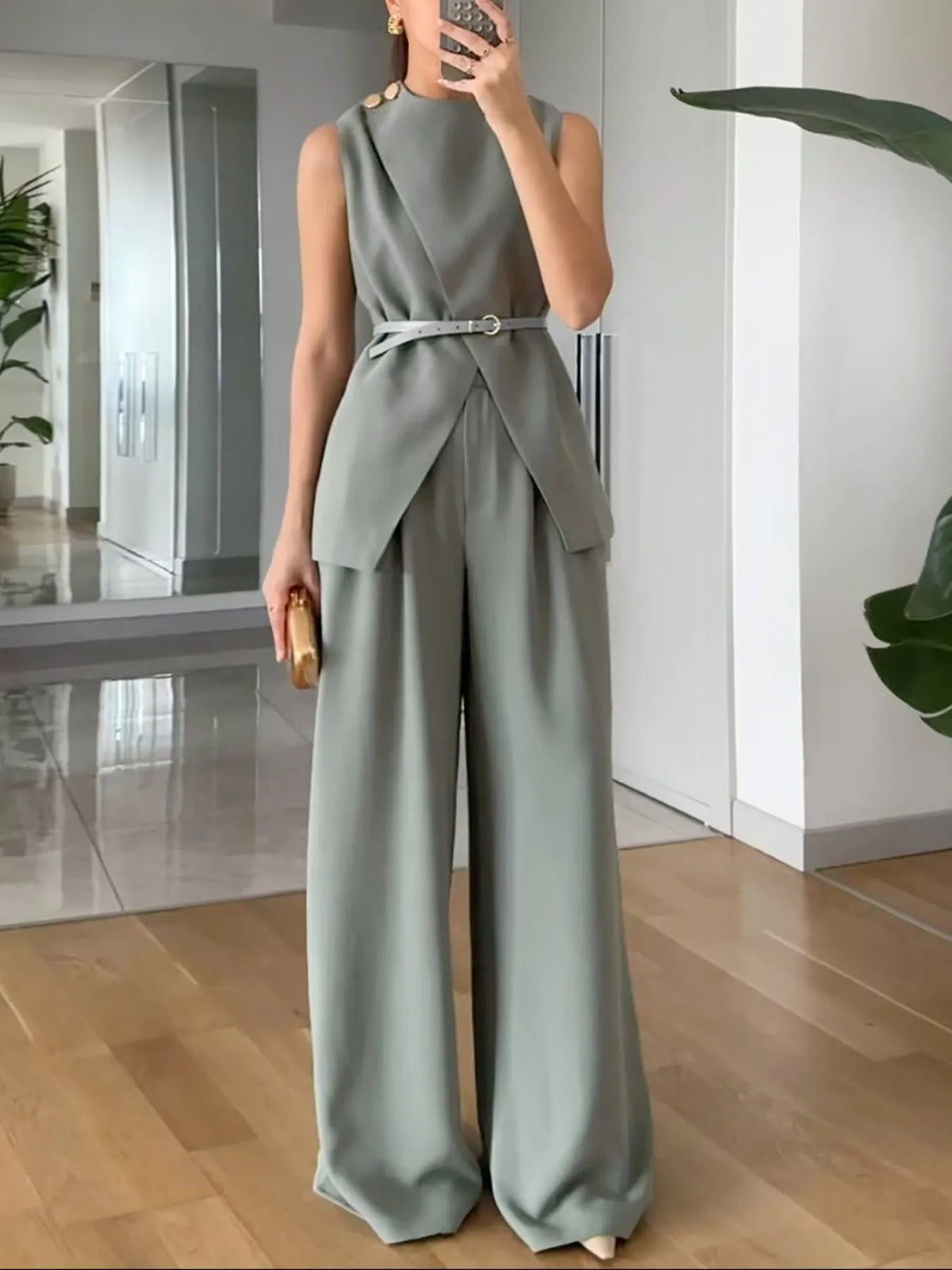 Sleeveless Top and Pants Set - Sage - View 1
