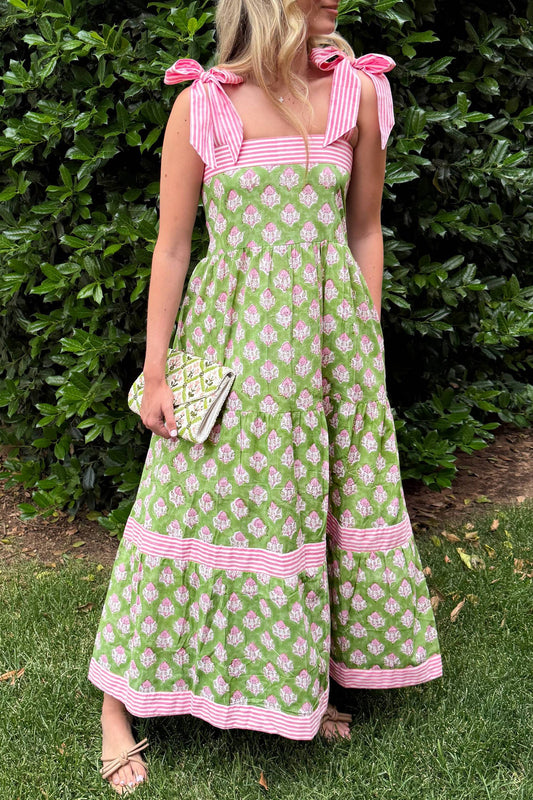 Green Floral Print Striped Detail Knot Straps Maxi Dress - Green - 2