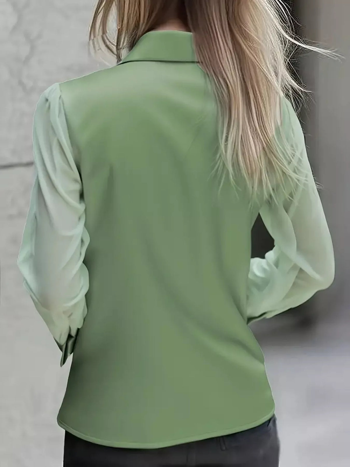 Satin Button Up Sheer Sleeve Shirt - Green - View 6
