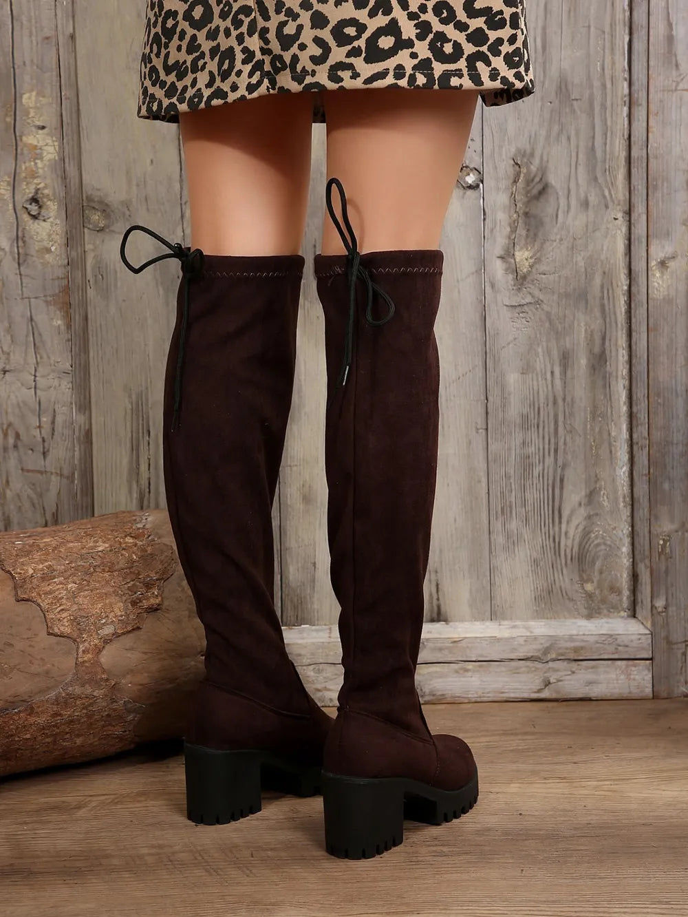 Leopard Round Toe Block Heel Boots - Brown - View 8