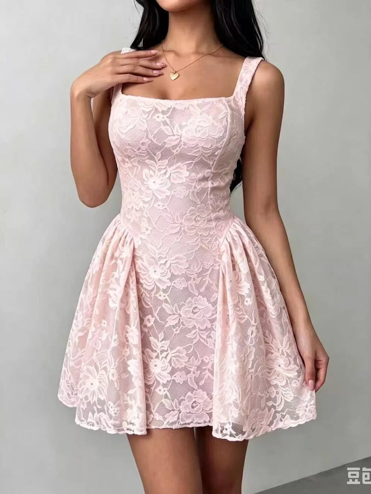 Floral Lace Square Neck Mini Dress - Pink - View 1
