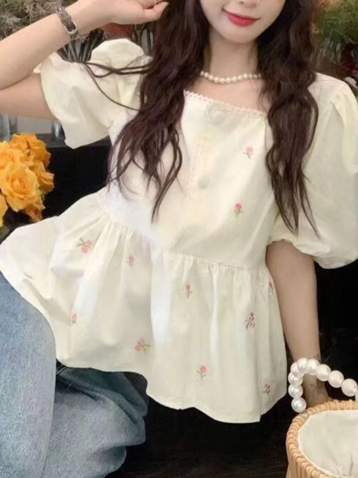 Floral Embroidered Puff Sleeve Peplum Blouse - Picture Color - View 5