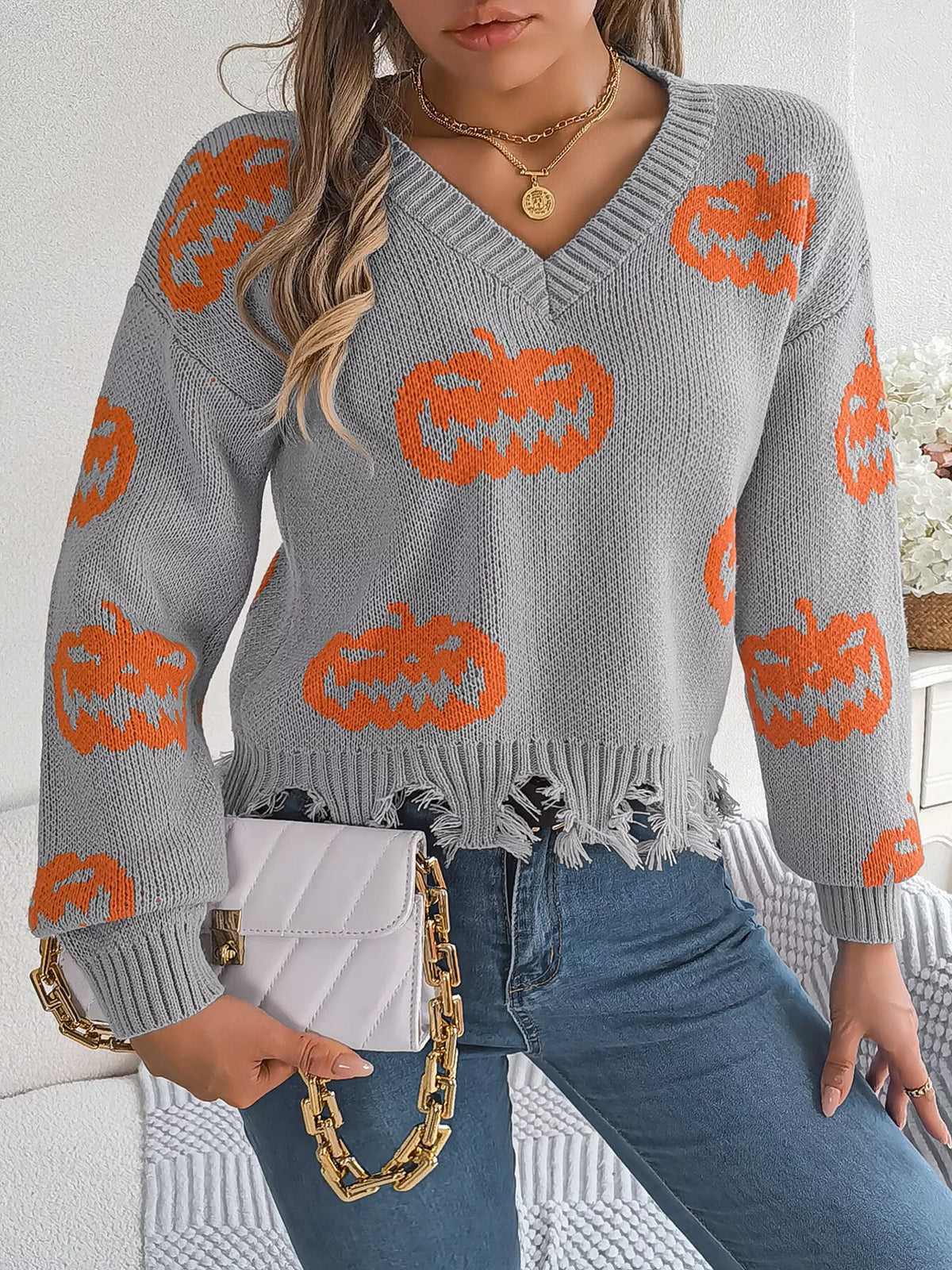 Pumpkin Distressed Hem Sweater - Gray - View 1