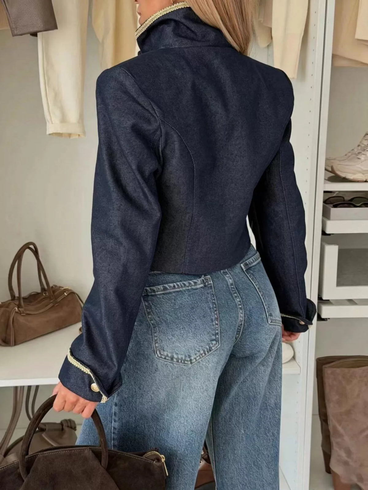 Double-Breasted Cropped Jacket - Dark Blue - View 4