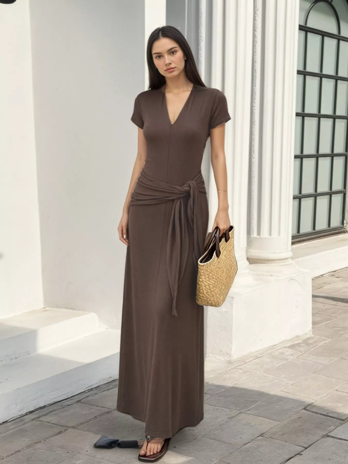 V-Neck Short Sleeve Maxi Dress with Waist-Tie Detail - Coffee Brown - View 1