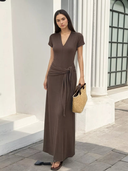 V-Neck Short Sleeve Maxi Dress with Waist-Tie Detail - Coffee Brown - View 1