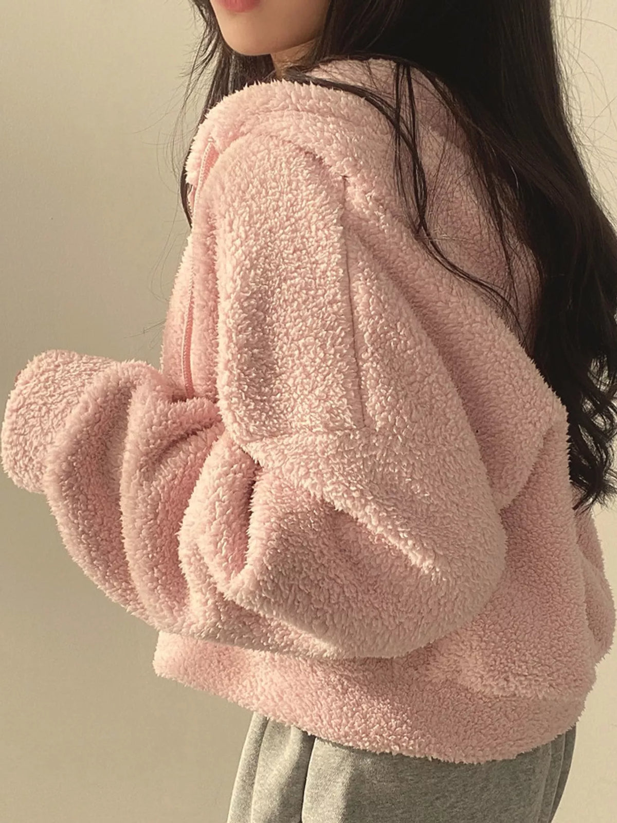 Oversized Sherpa Zip-Up Hoodie - Pink - View 10