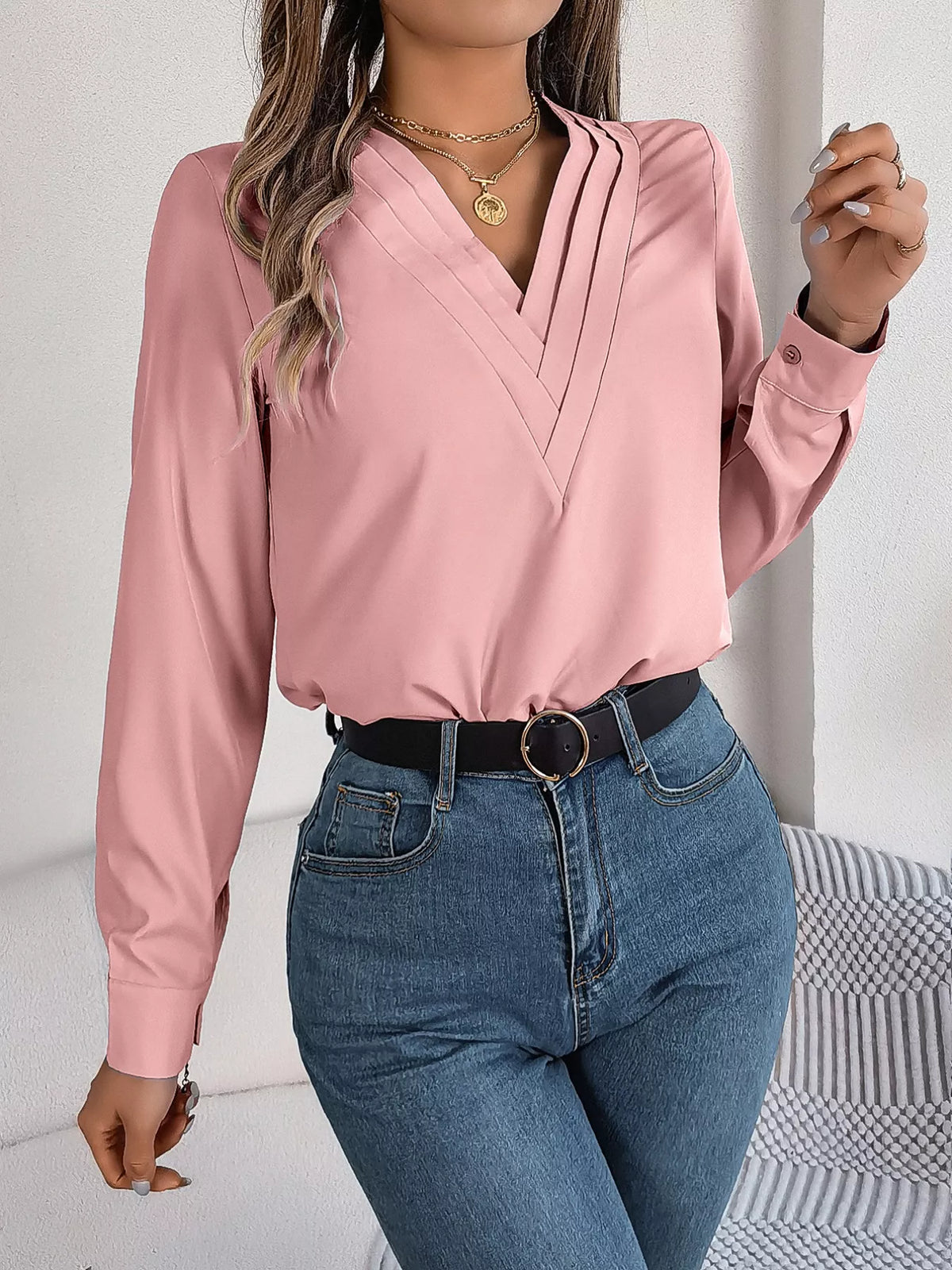 Layered V-Neck Long Sleeve Blouse - Blush Pink - View 8
