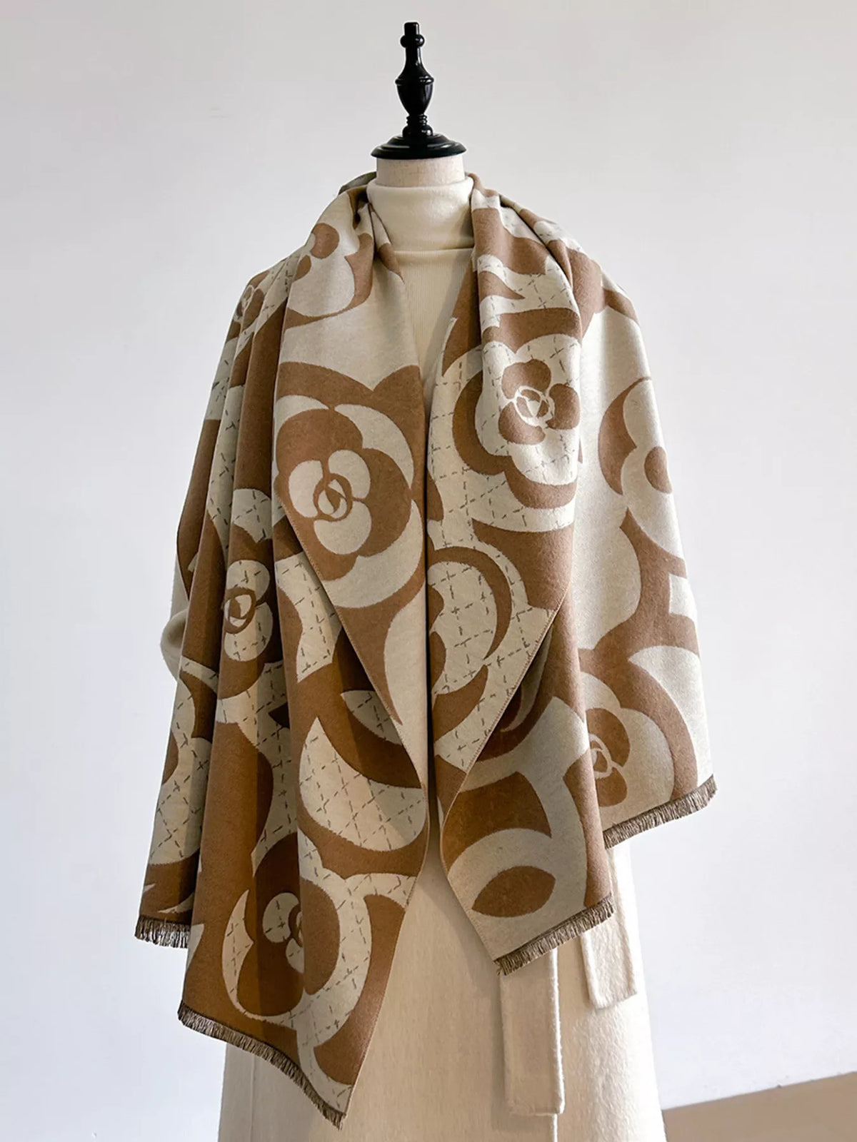 Floral Patterned Warm Scarf - Khaki - View 5