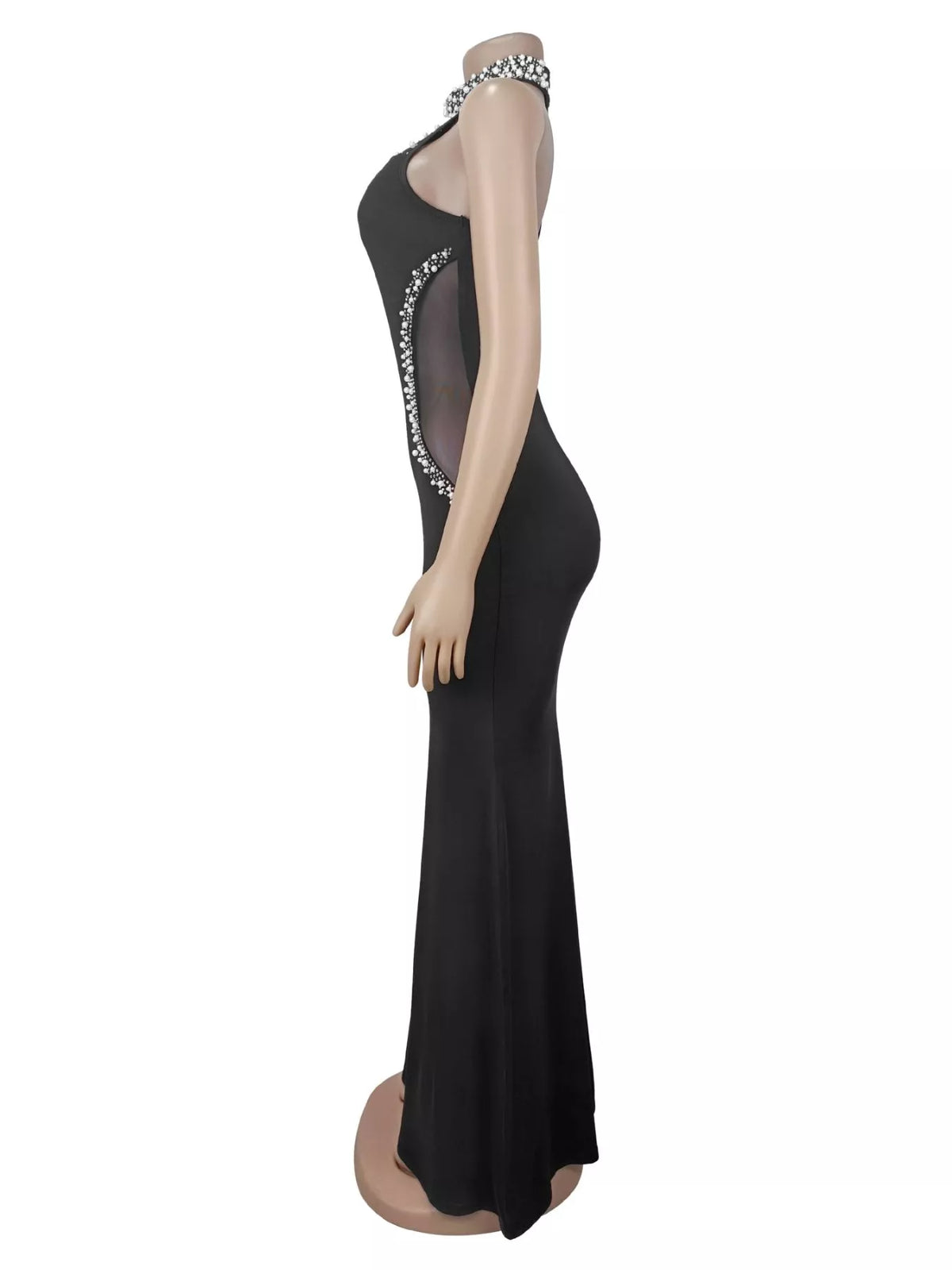 Pearl Detail Rhinestone Sleeveless Maxi Dress - Black - View 10