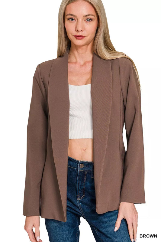 Zenana Woven Long Sleeve Blazer With Lining - BROWN - View 1
