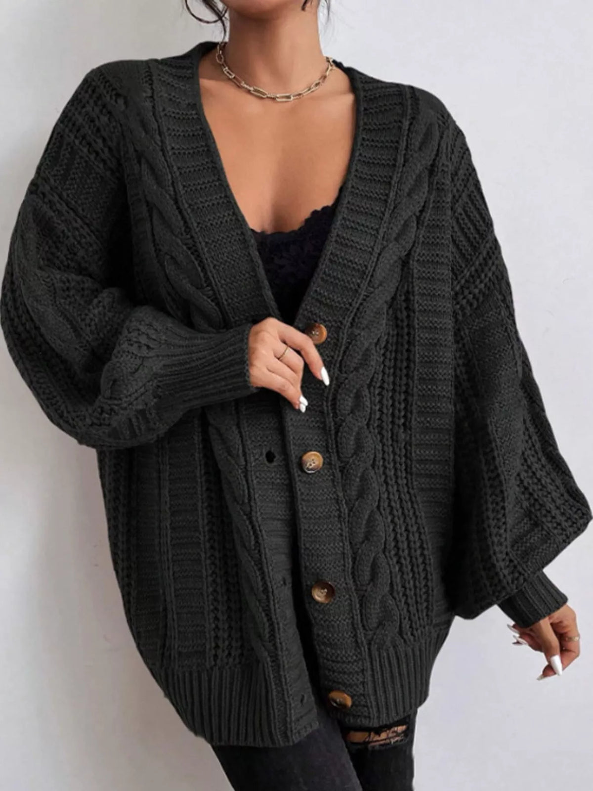 Cable Knit Button-Down Cardigan - Black - View 18