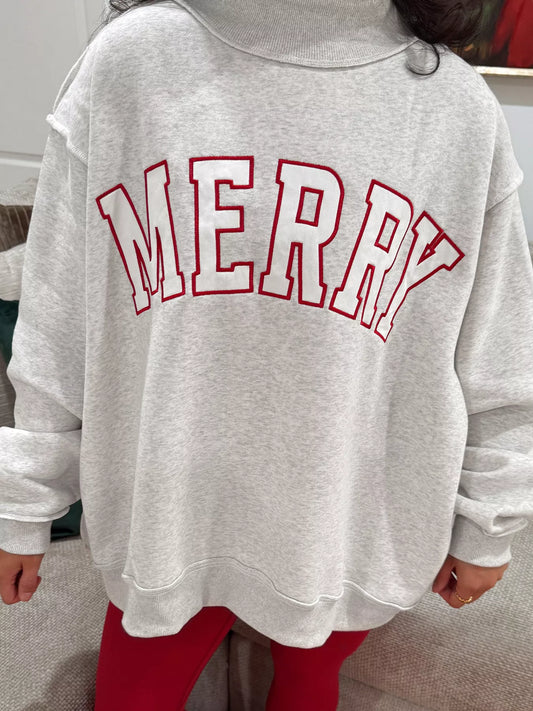 MERRY Embroidered Letter High Neck Tunic Pullover Sweatshirt - Light Gray - View 1