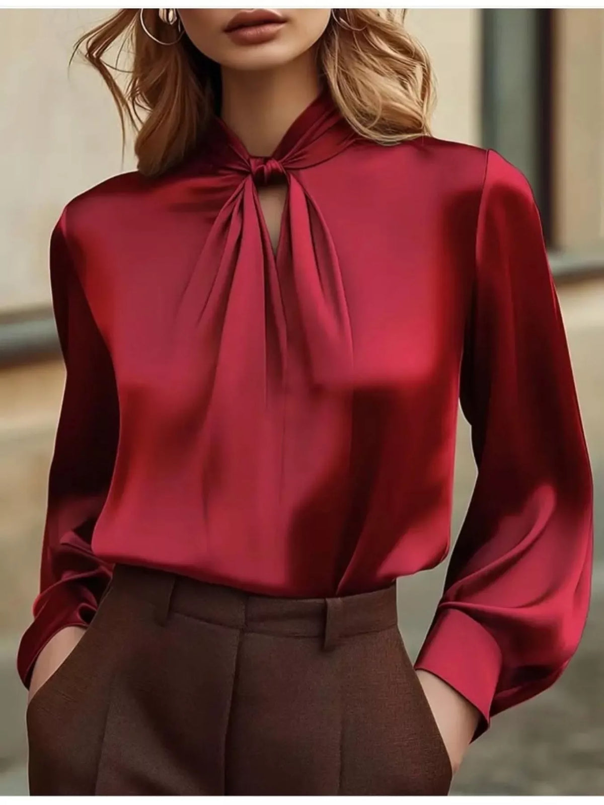 Satin Cutout Front Blouse - Red - View 8