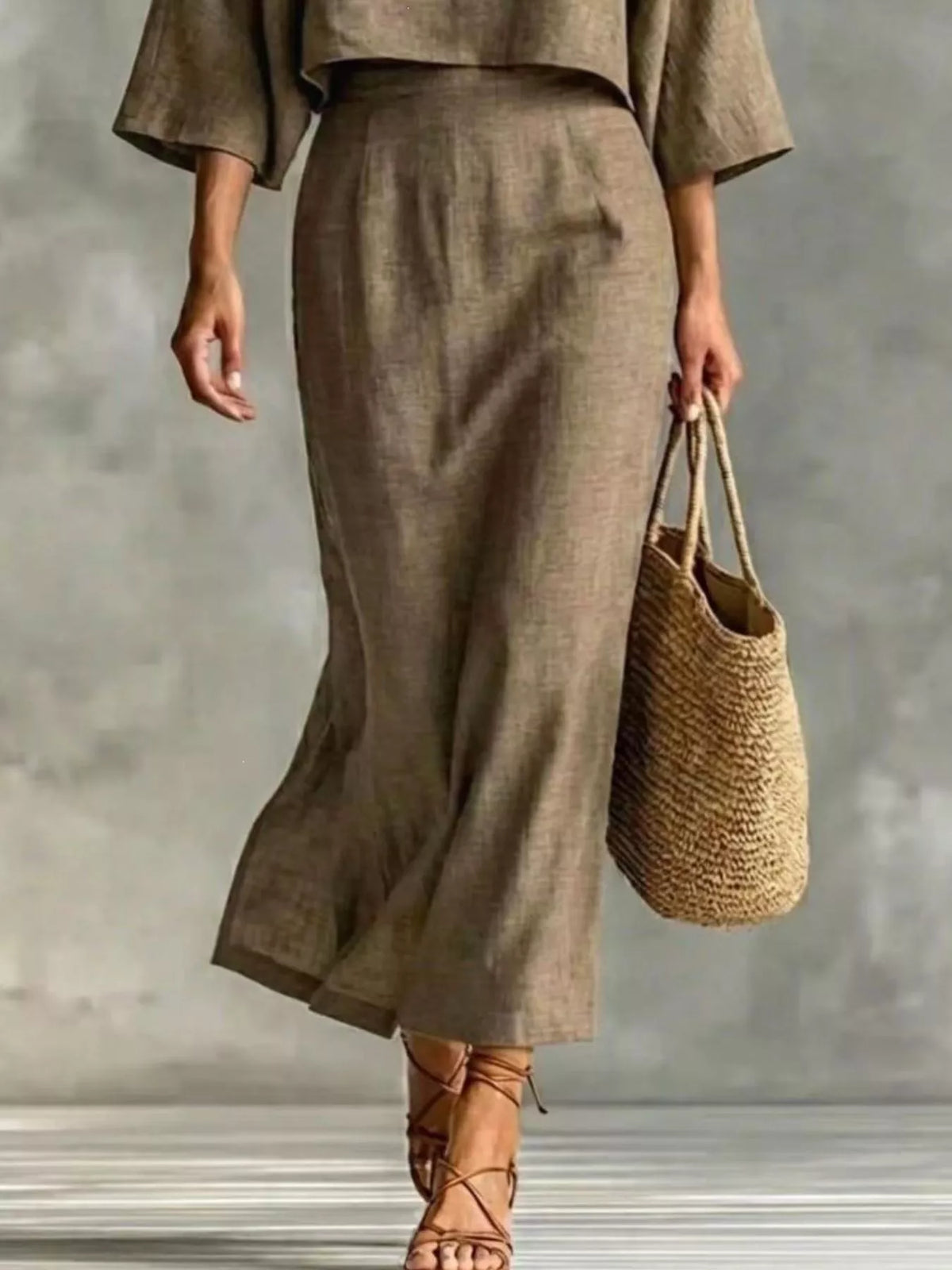Full Size Solid Color Cropped Top and Midi Skirt Set Plus Size - Khaki - View 3