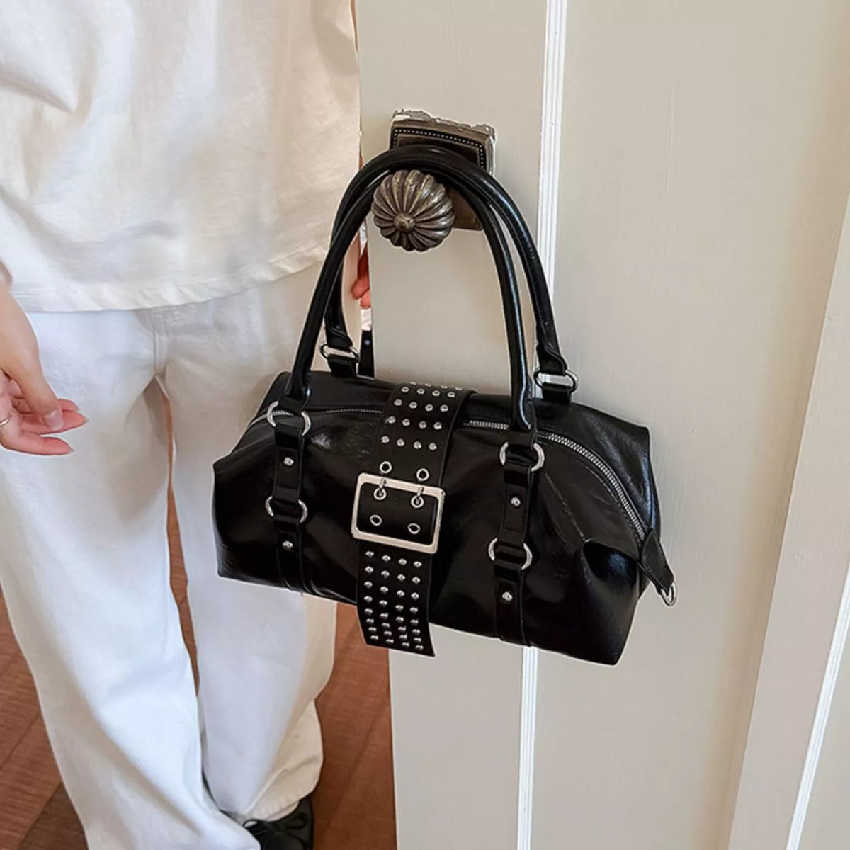 Rivet Embellished Crossbody Bag - Black - View 1