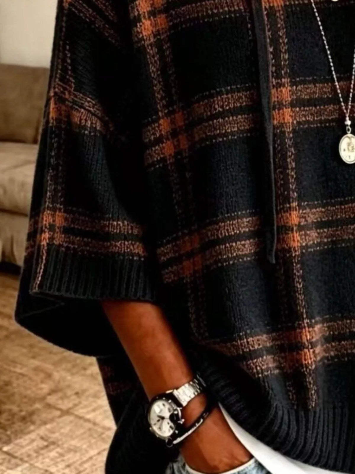 Full Size Drawstring Plaid Hooded Sweater Plus Size - Black - View 2