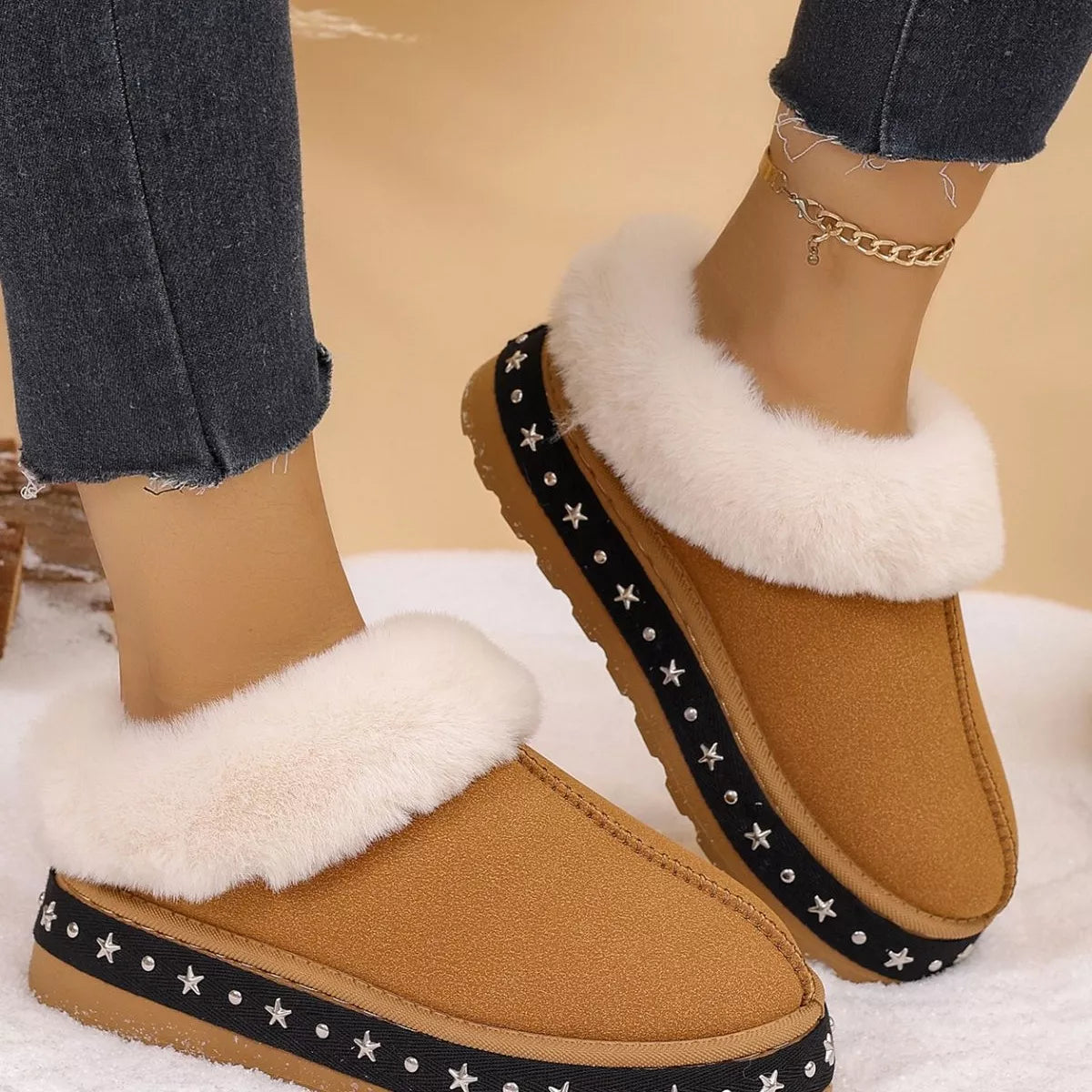 Faux Fur Lined Platform Ankle Boots - Brown - View 2
