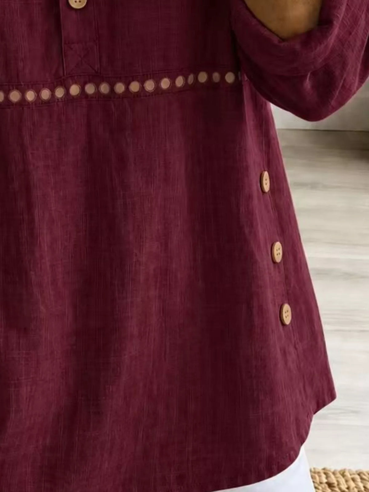Full Size Button Detail Eyelet Long Sleeve Blouse Plus Size - Burgundy - View 3