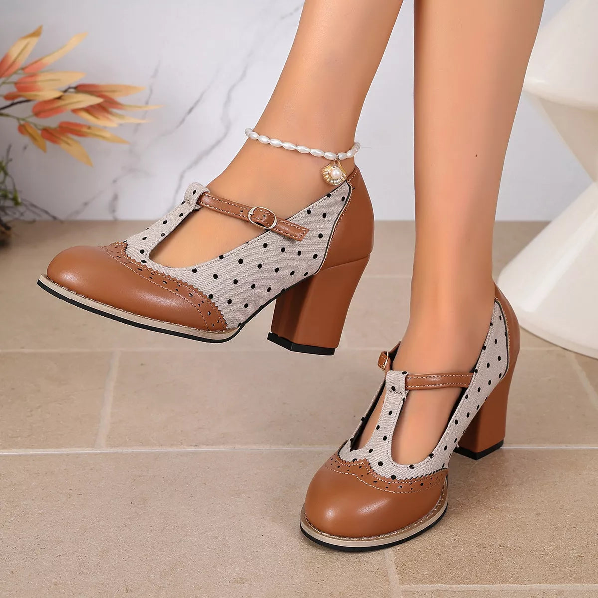Point Toe Block Heels Pumps - Brown - View 3