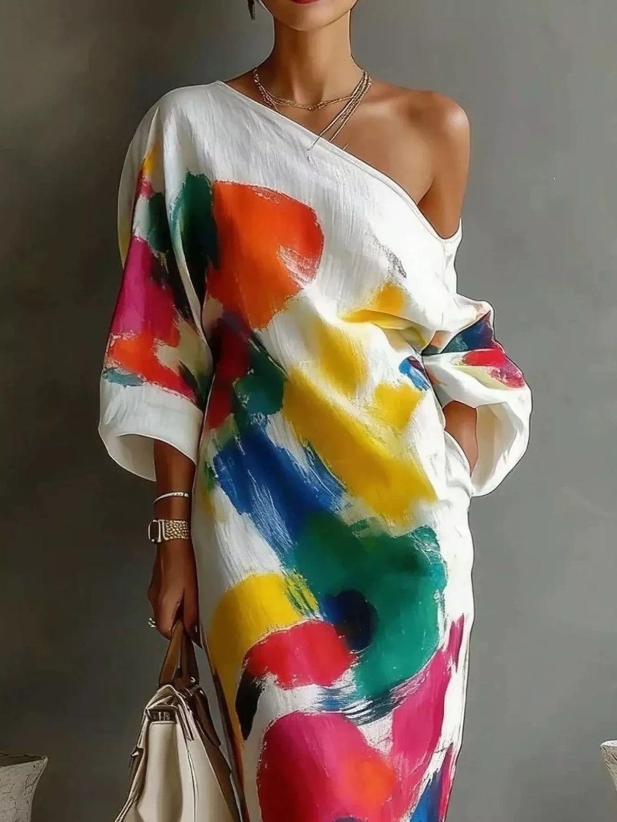 Full Size One-Shoulder Abstract Print Loose Fit Maxi Dress Plus Size - White - Original supplier view 2