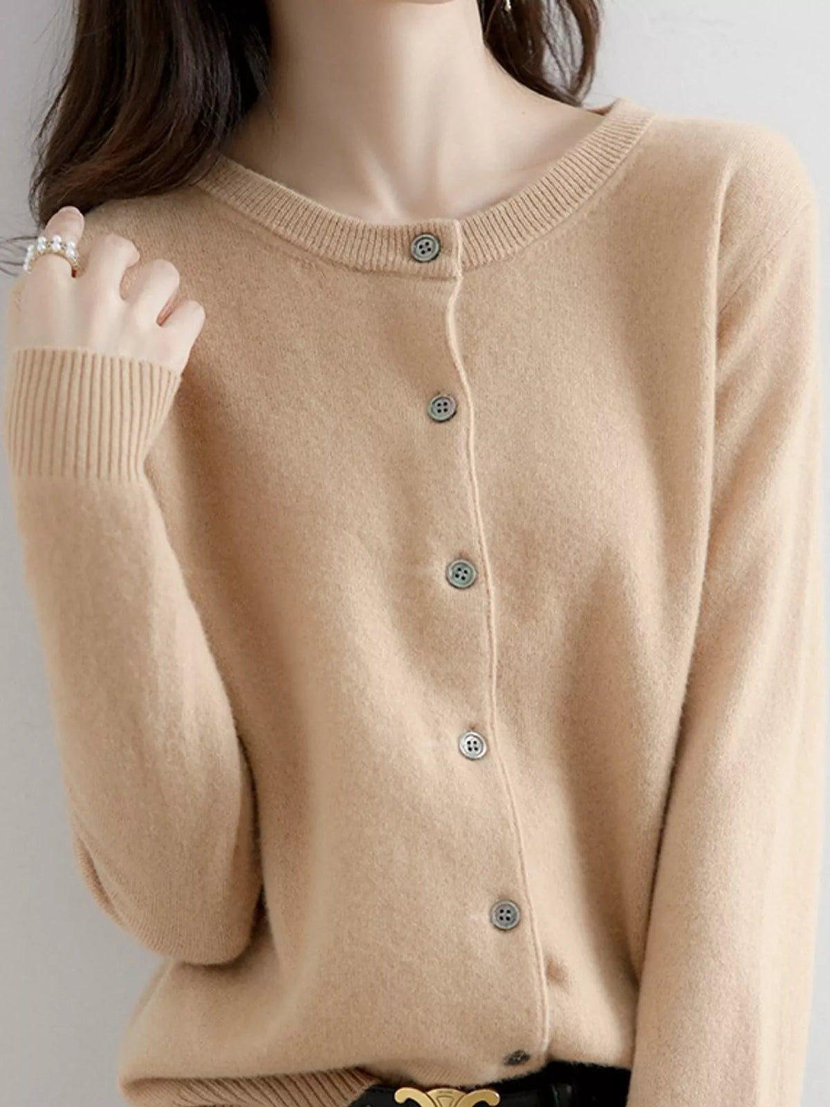Crew-Neck Button-Down Cardigan - Golden Tan - View 20