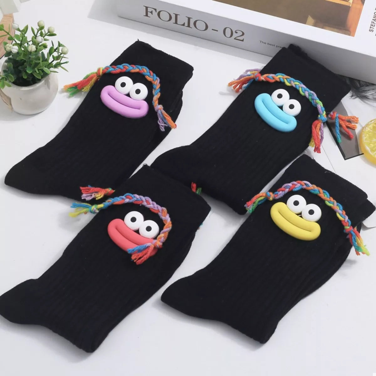 Cartoon Ribbed Knit Crew Socks - Black B