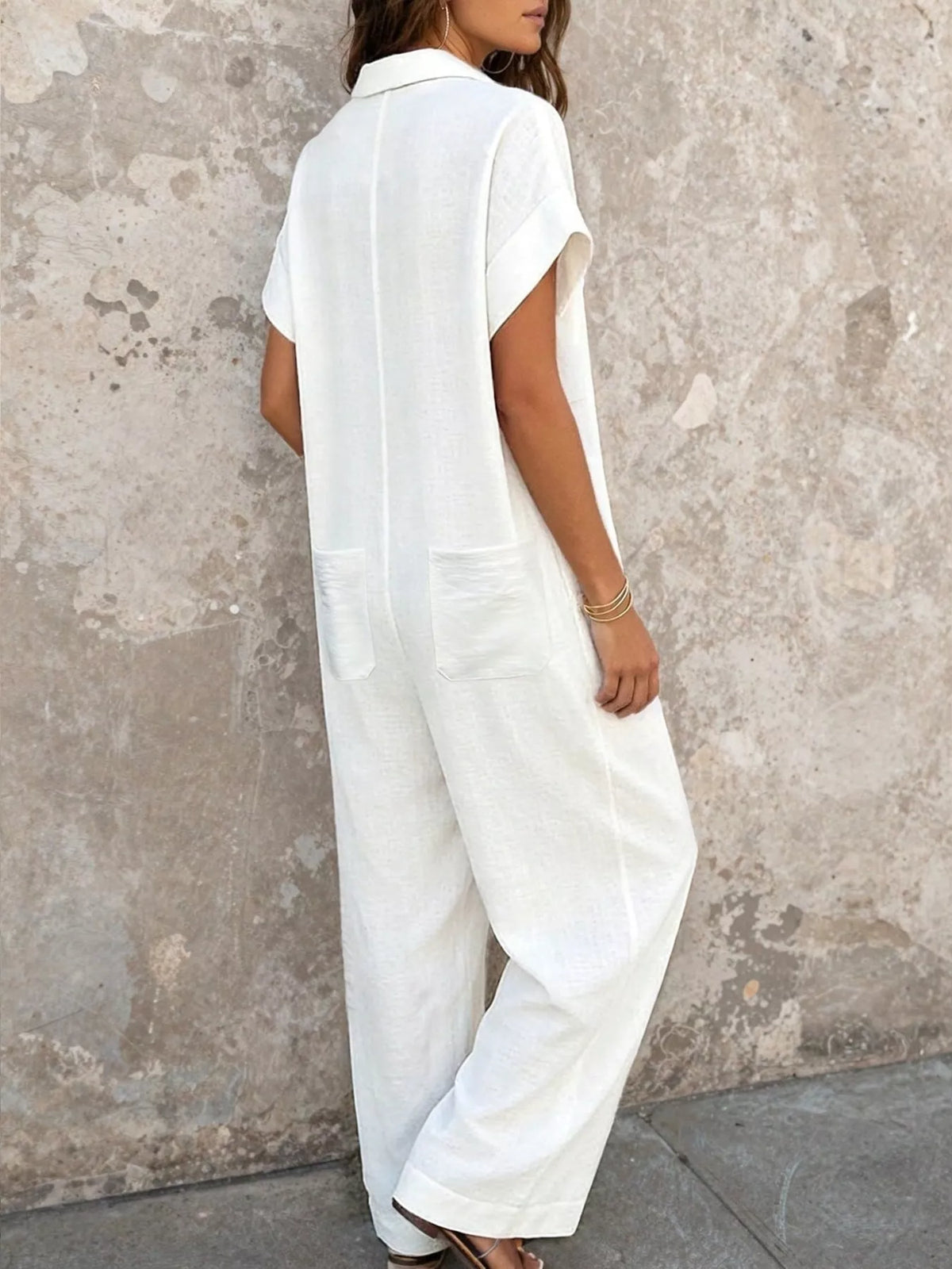 Button Front Short Sleeve Jumpsuit - White - View 3