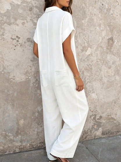 Button Front Short Sleeve Jumpsuit - White - View 3