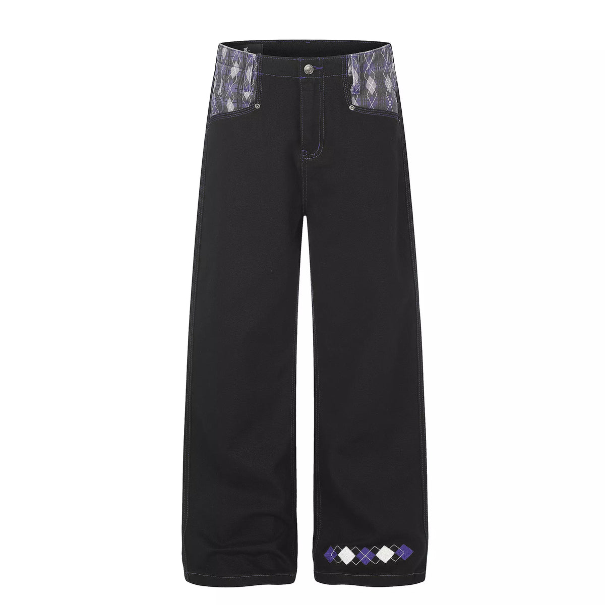 Men's High-Waisted Wide-Leg Jeans with Argyle Pattern Accents - Black - View 1